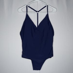 2Chillies Bathing Suit Large Navy Blue Vneck Racerback One Piece Padded Cup NEW